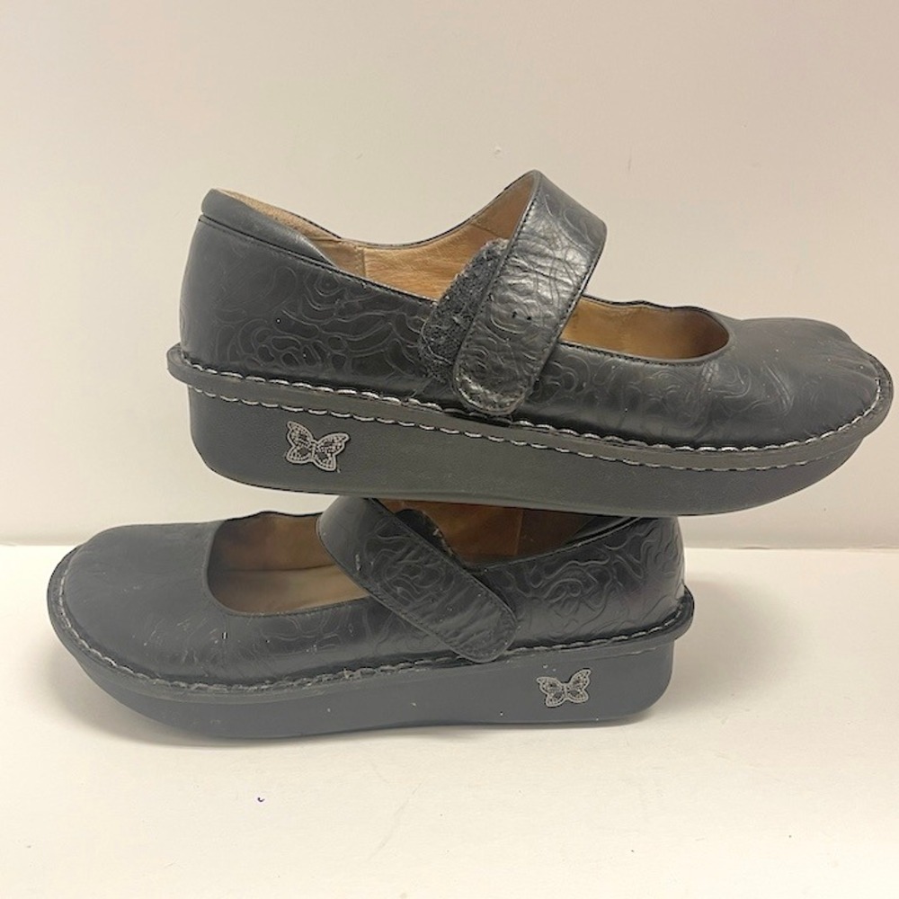 Allegria Mary Jane Shoes Black Embossed Leather Comfort Strap Size EU40 US9 - Picture 5 of 8